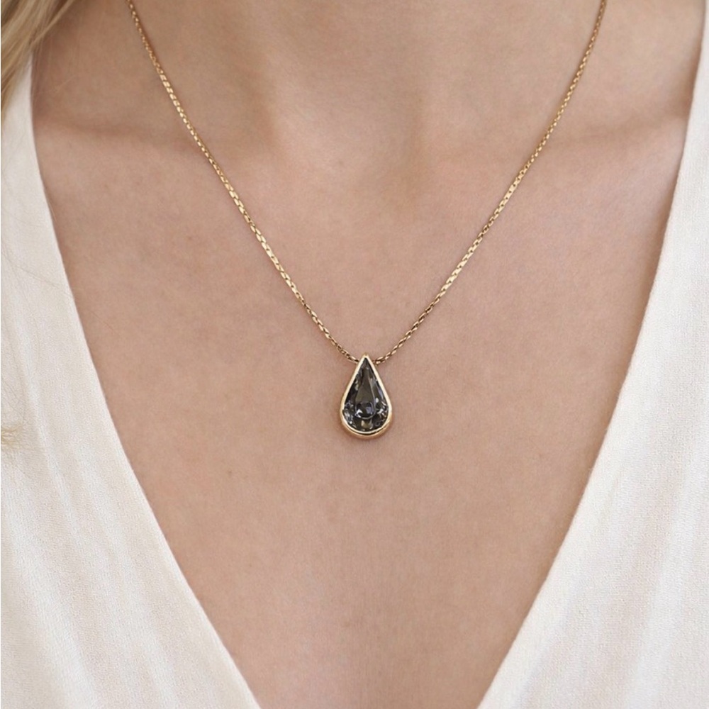 Gold tone Drop Shape Necklace With A smokey gray Stone Adjustable 15-16 Inches